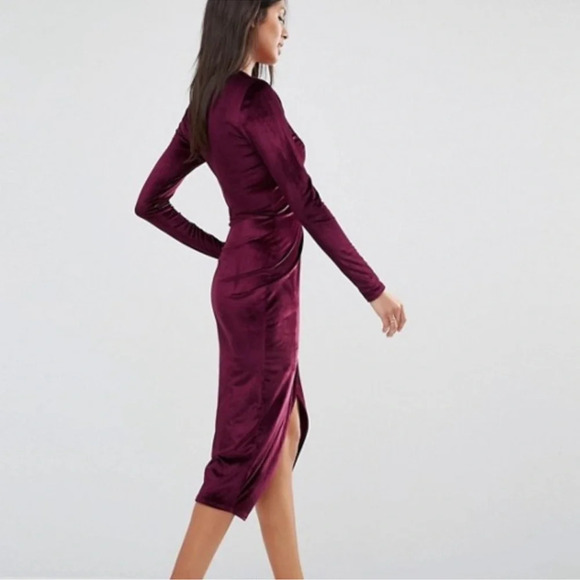 CLUB L Burgundy Velvet MIDI Dress Plunging Neck Faux Wrap US Size 8 - Picture 3 of 16
